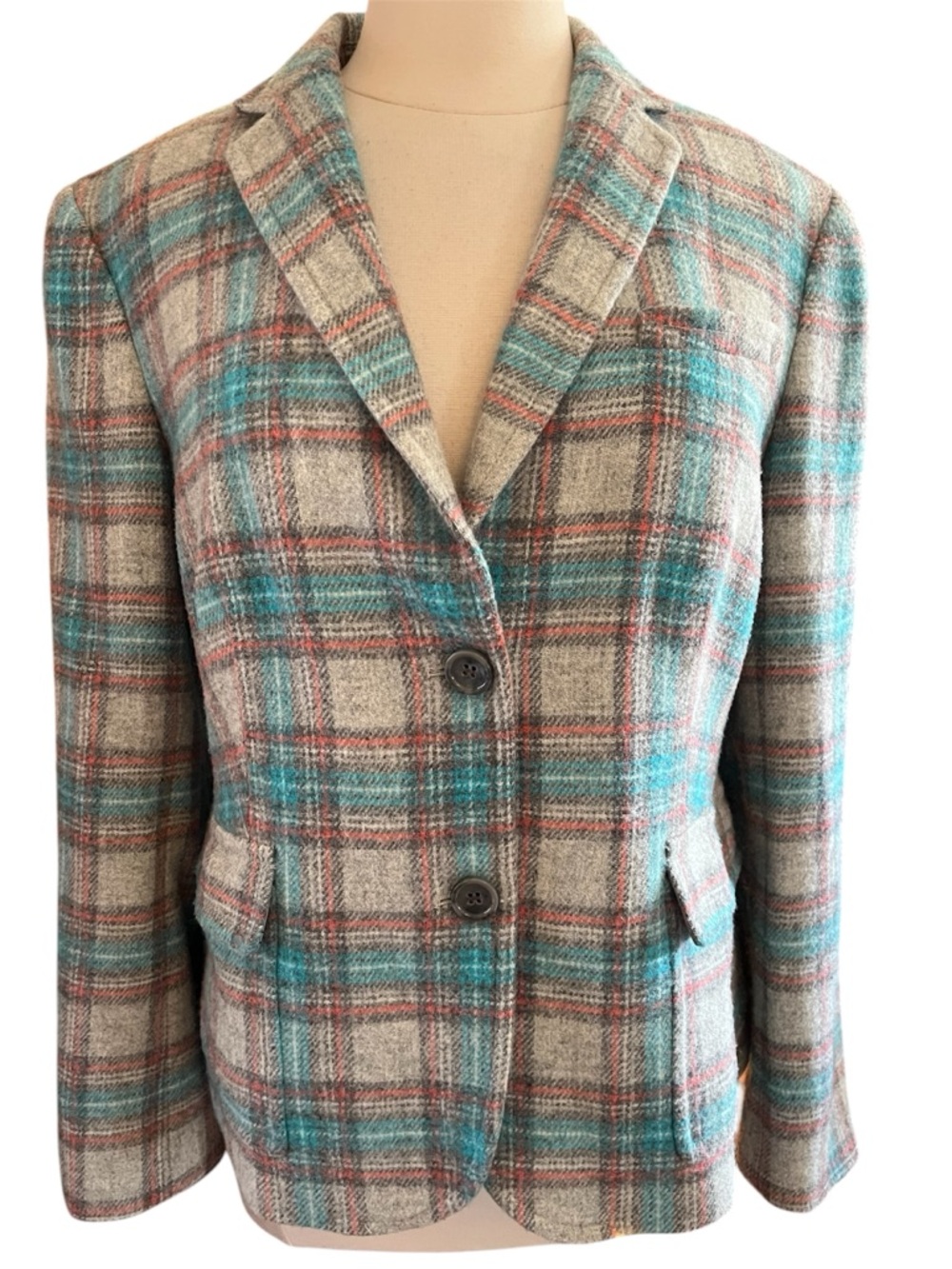 Talbots Plaid Teal,Grey,Rust & Cream Wool blend Blazer w/front pockets Size 14 - Picture 11 of 11